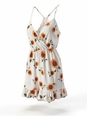 SHEIN White Sunflower Print Mini Dress with Ruffle Hem
